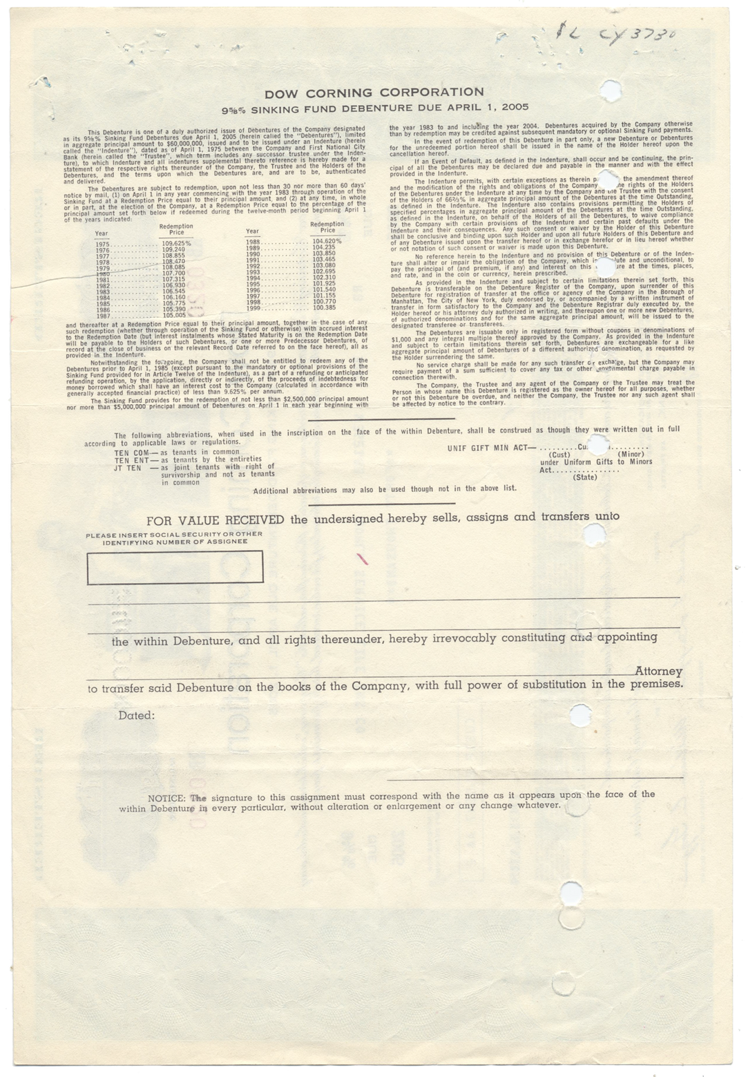 Dow Corning Corporation Bond Certificate