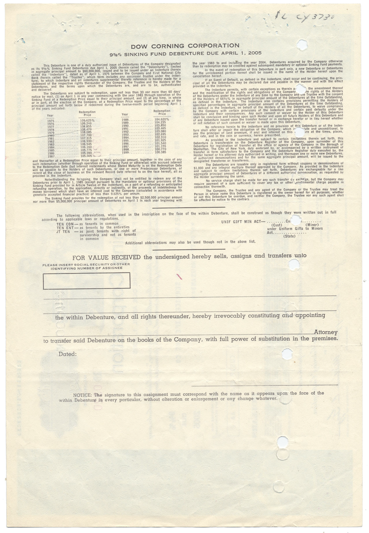 Dow Corning Corporation Bond Certificate