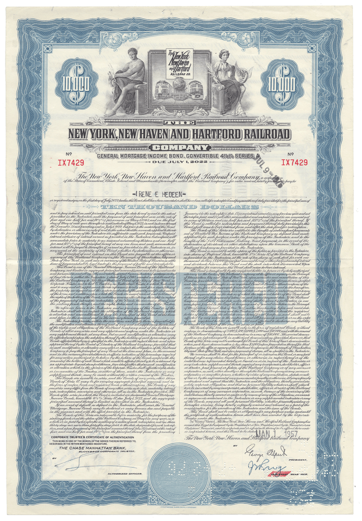 New York, New Haven and Hartford Railroad Company Bond Certificate