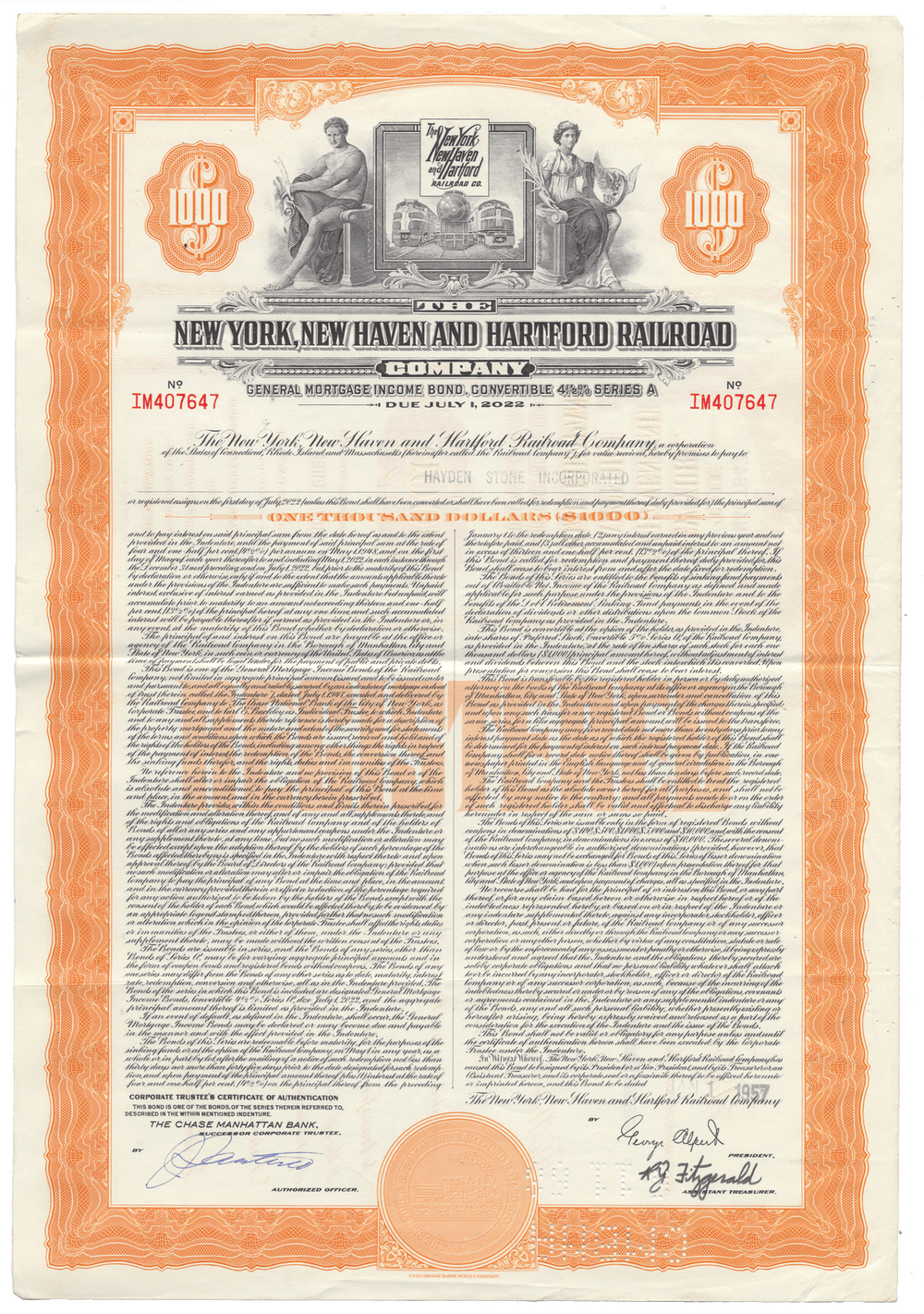 New York, New Haven and Hartford Railroad Company Bond Certificate