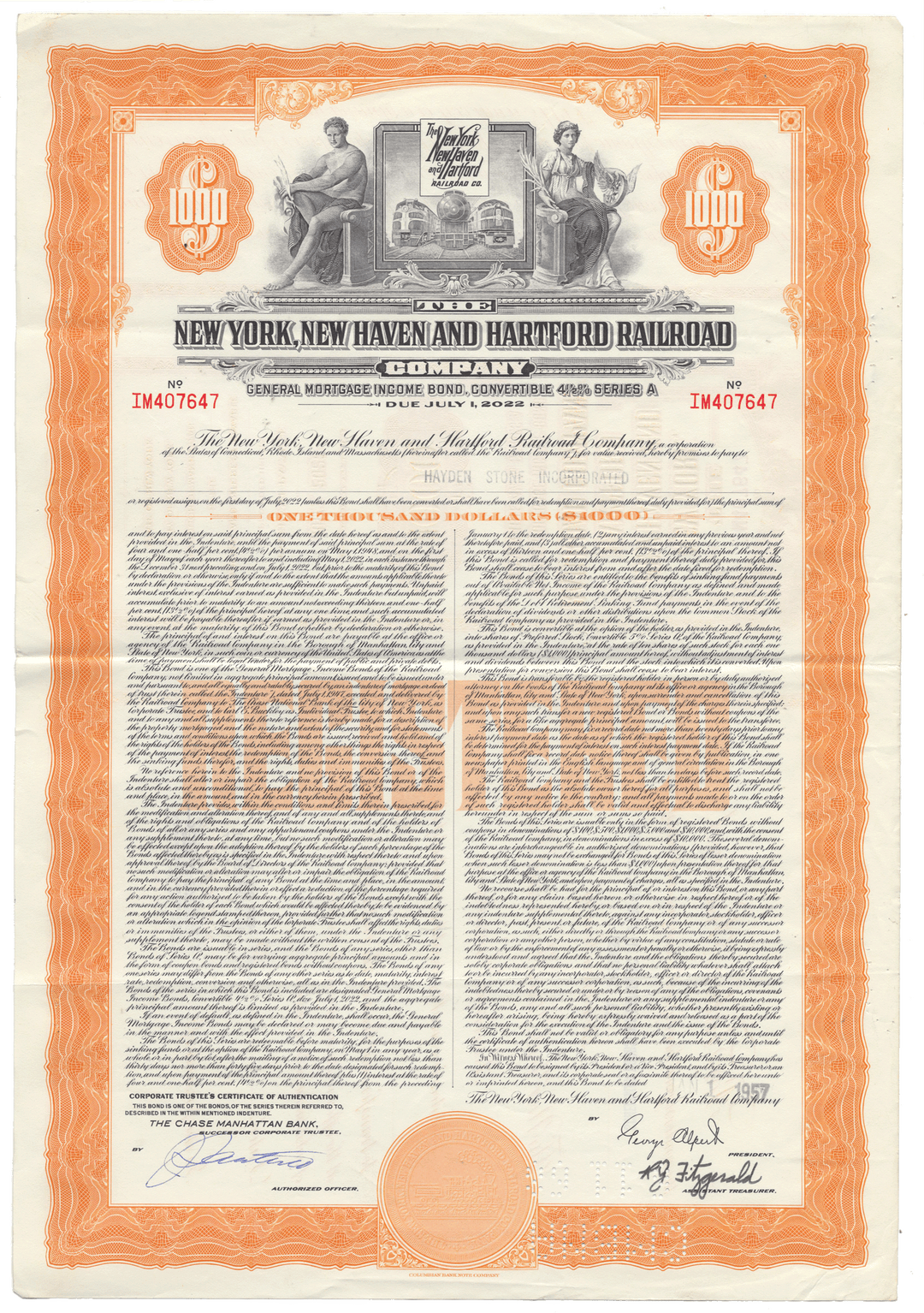 New York, New Haven and Hartford Railroad Company Bond Certificate