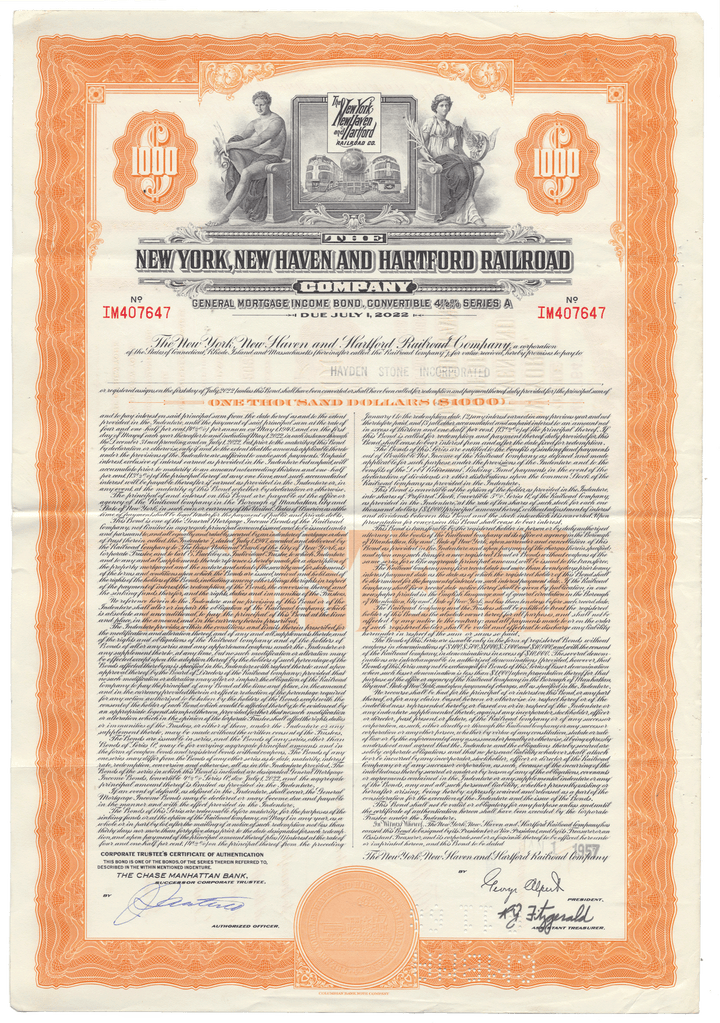 New York, New Haven and Hartford Railroad Company Bond Certificate