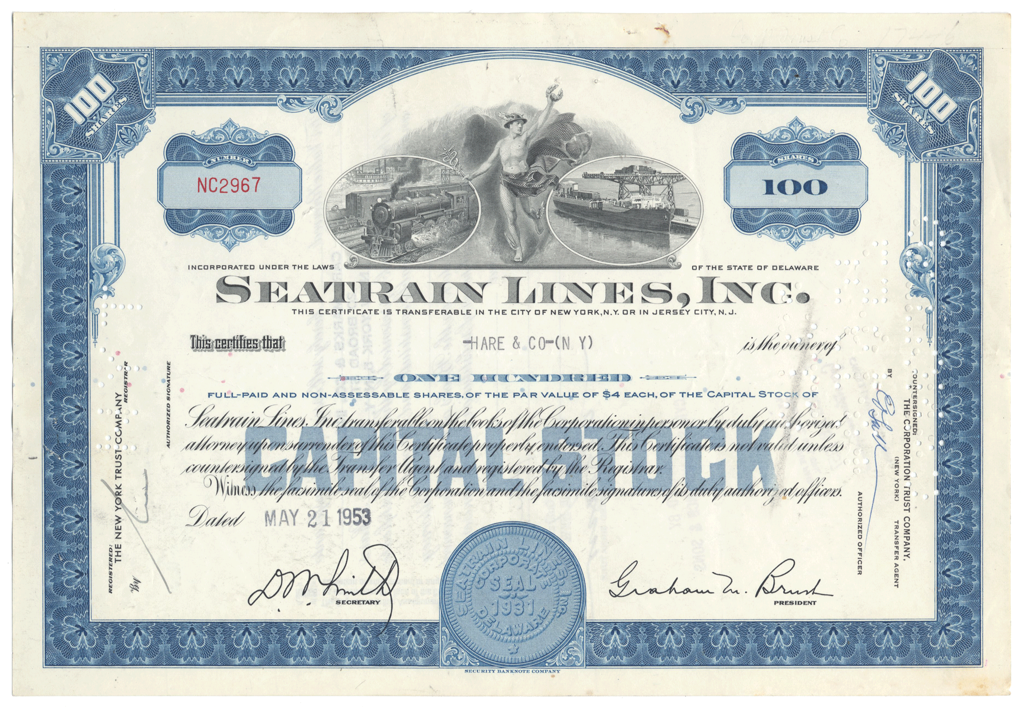 Vintage stock certificate for Seatrain Lines, Inc. with blue and white design from 1953