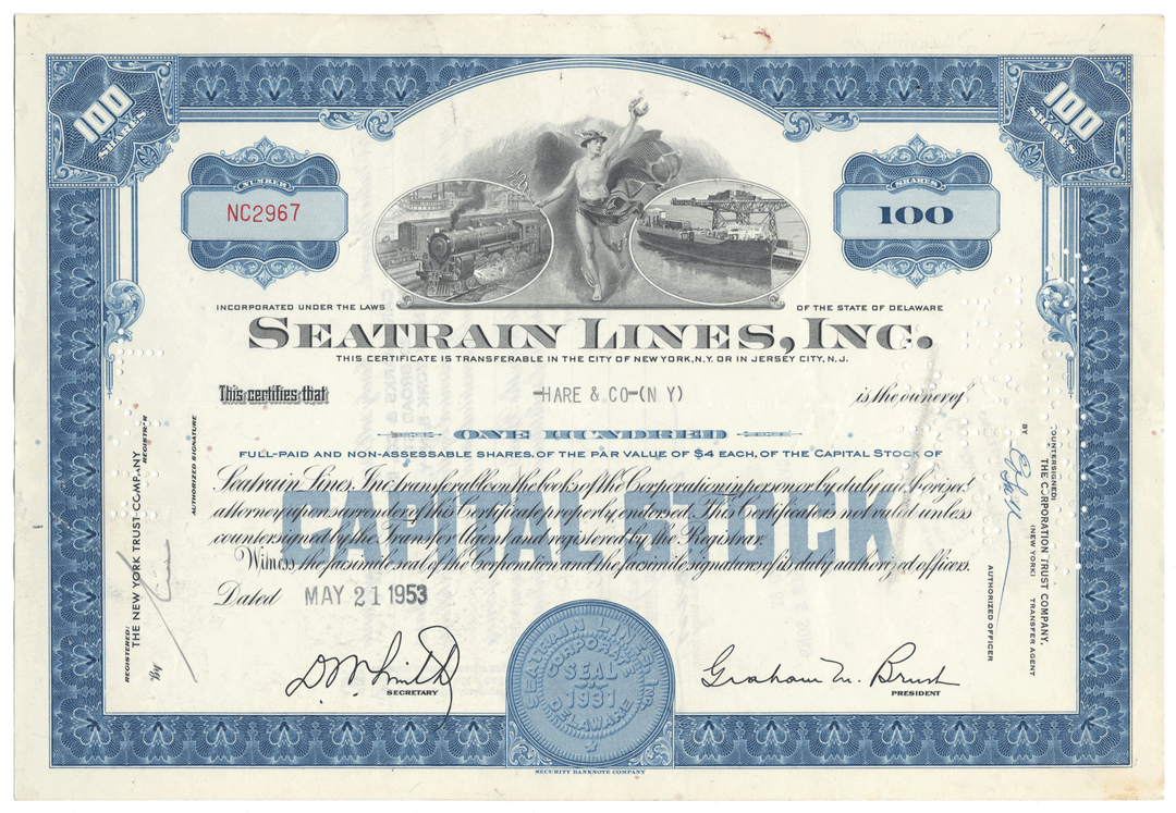 Vintage stock certificate for Seatrain Lines, Inc. with blue and white design from 1953