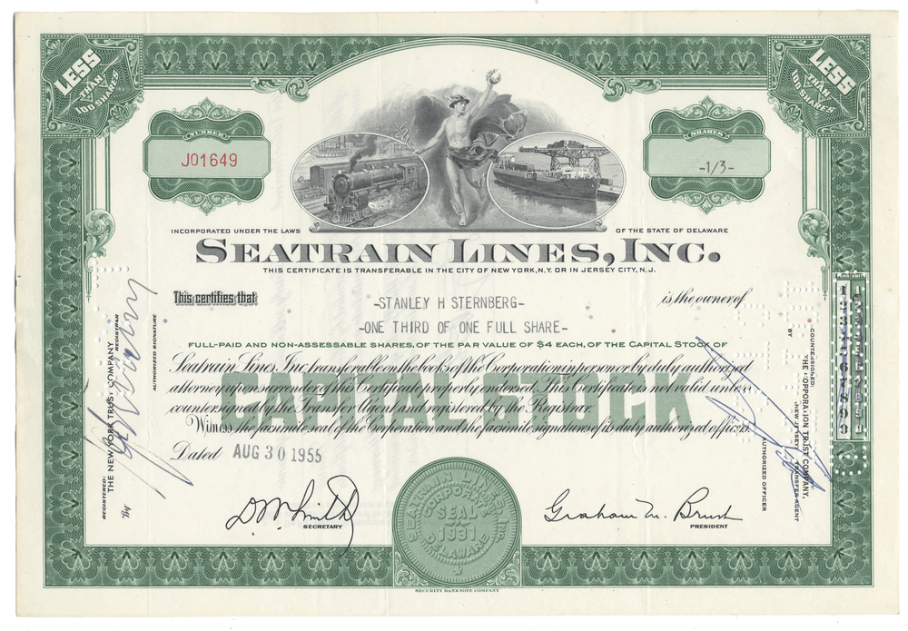 Share certificate from Seatrain Lines, Inc. with green border and text.