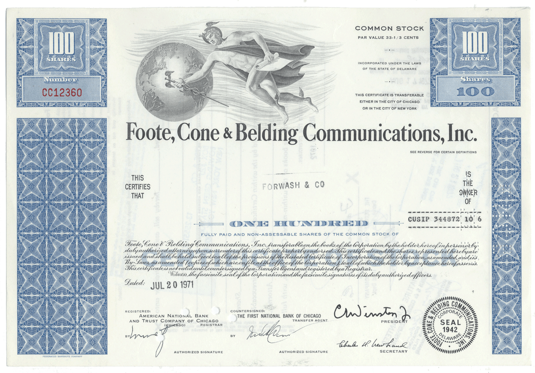 Foote, Cone & Belding Communications, Inc. Stock Certificate
