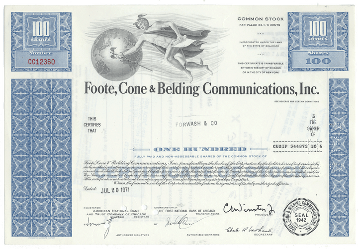 Foote, Cone & Belding Communications, Inc. Stock Certificate