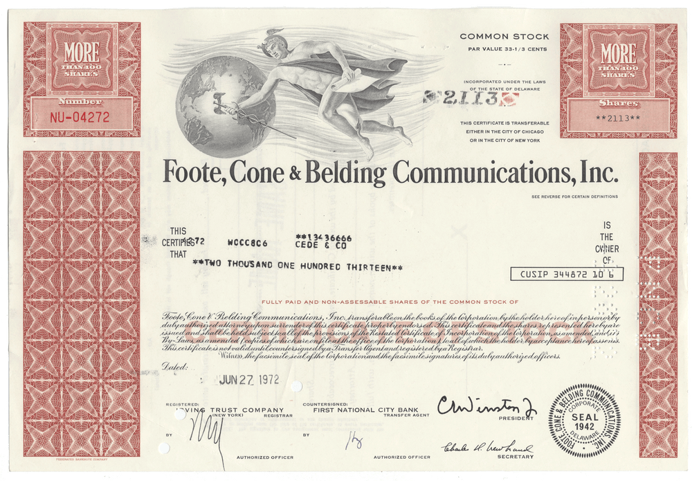 Foote, Cone & Belding Communications, Inc. Stock Certificate