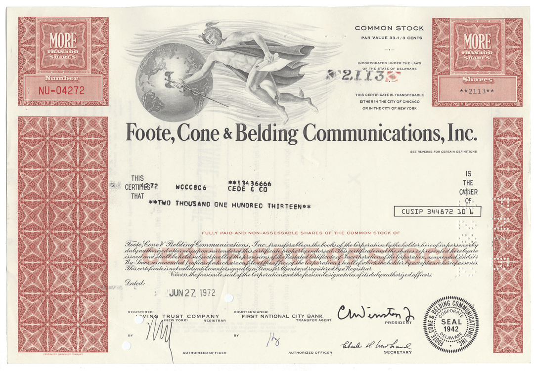 Foote, Cone & Belding Communications, Inc. Stock Certificate