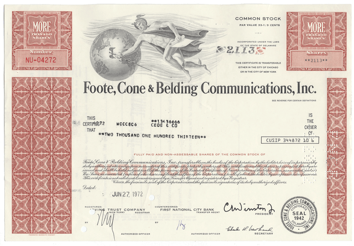 Foote, Cone & Belding Communications, Inc. Stock Certificate