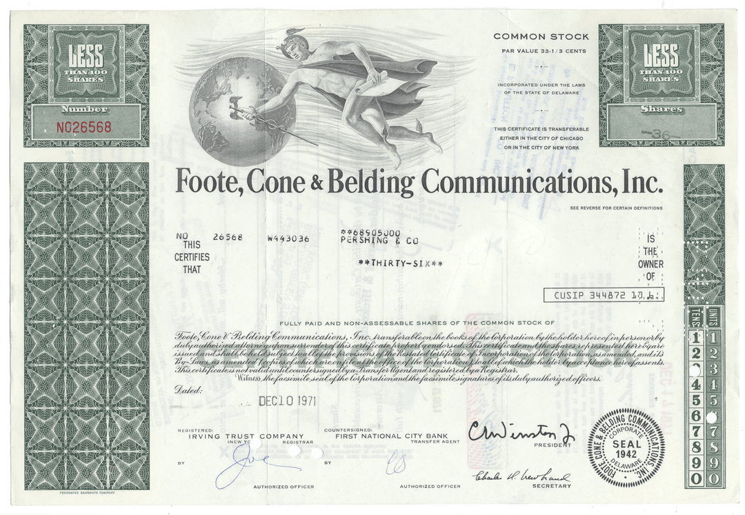 Foote, Cone & Belding Communications, Inc. Stock Certificate