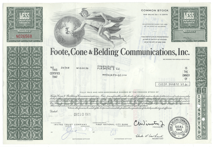 Foote, Cone & Belding Communications, Inc. Stock Certificate