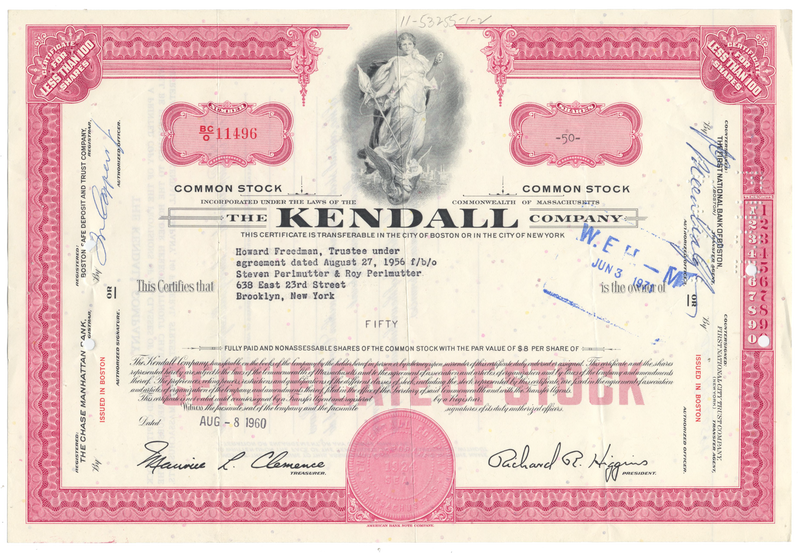 Kendall Company Stock Certificate