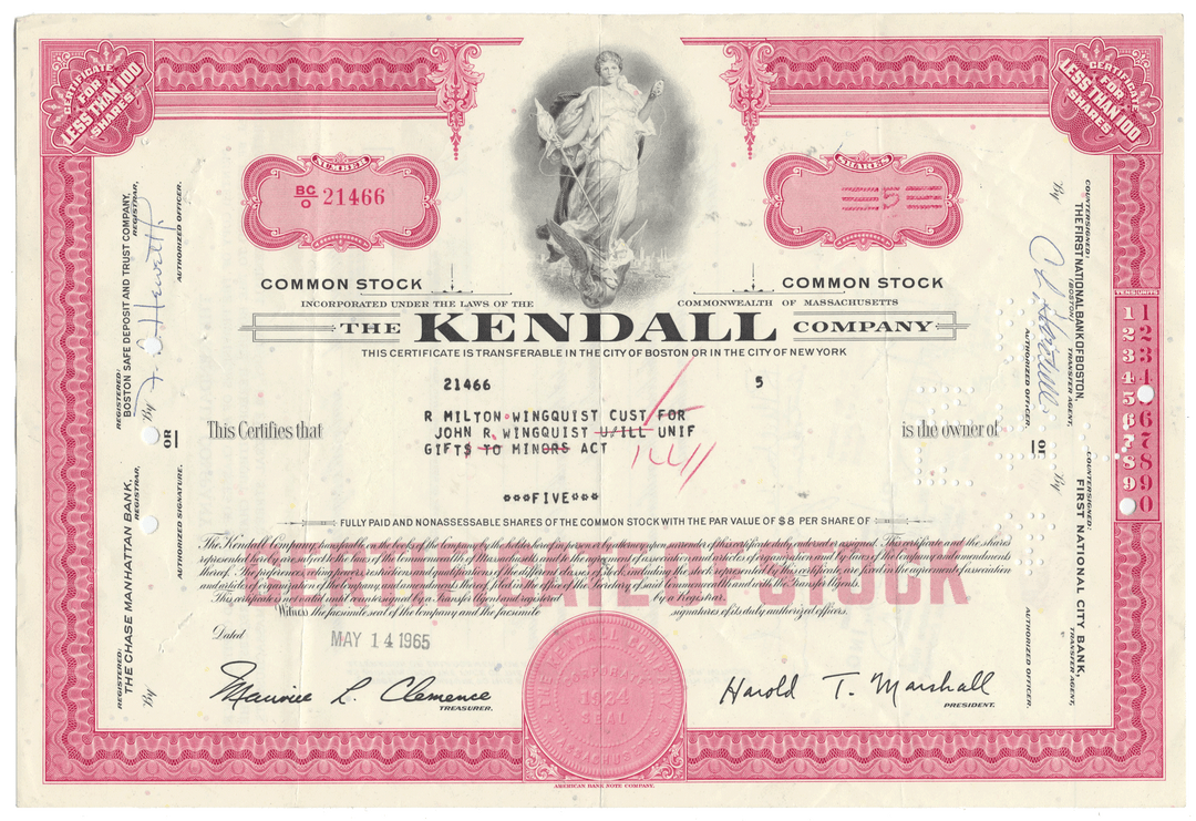 Vintage stock certificate of the Kendall Company