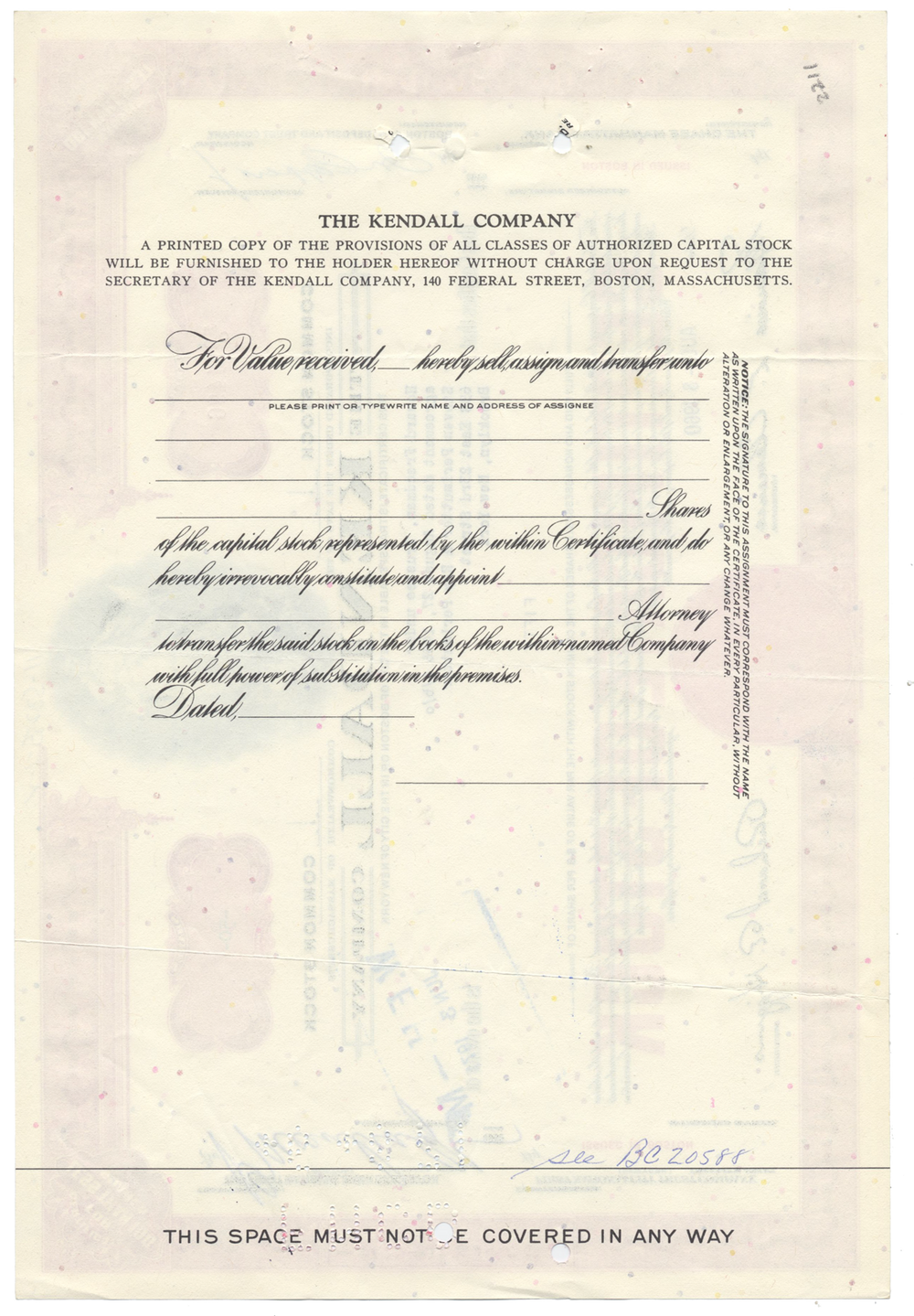 Kendall Company Stock Certificate