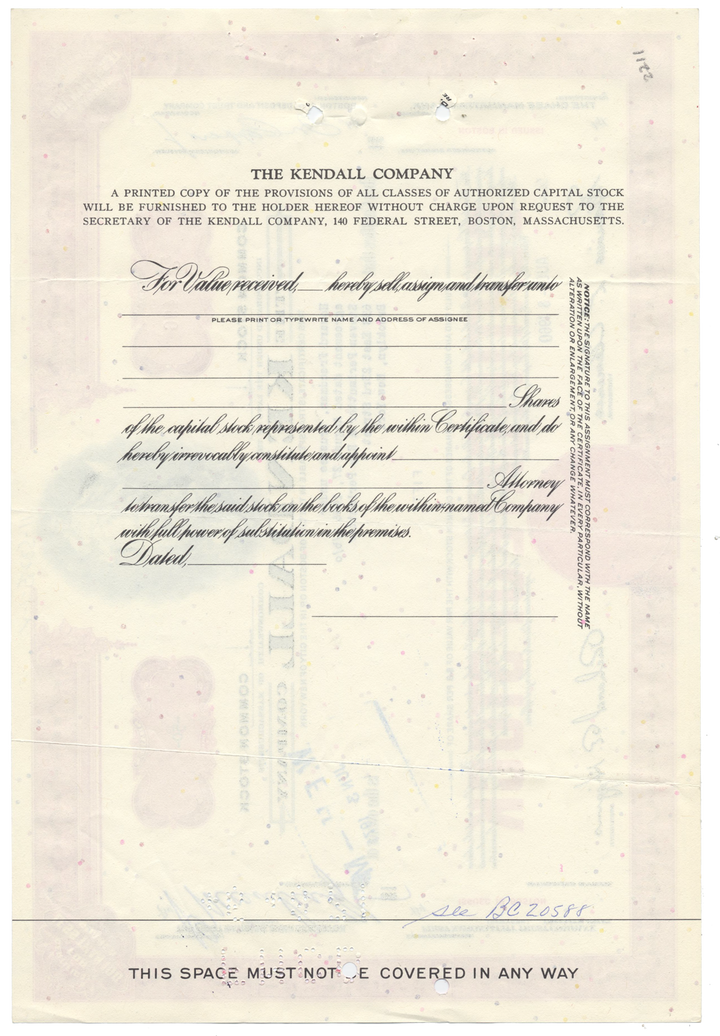 Kendall Company Stock Certificate