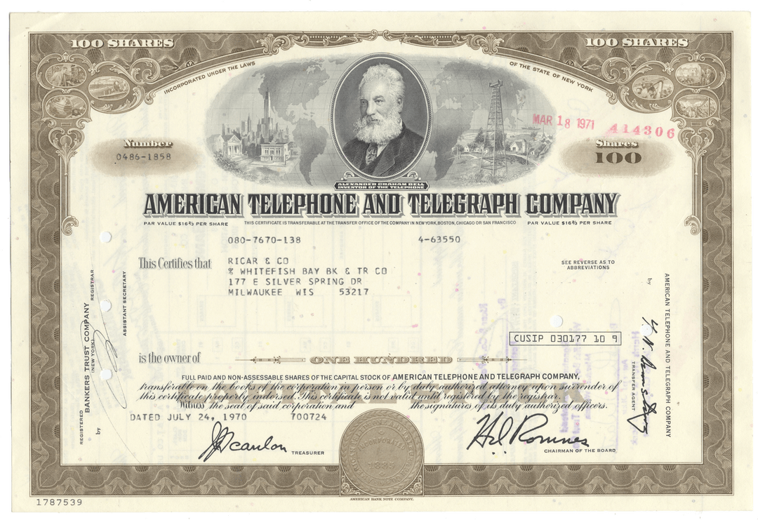 Vintage stock certificate of American Telephone and Telegraph Company with a portrait and decorative elements.