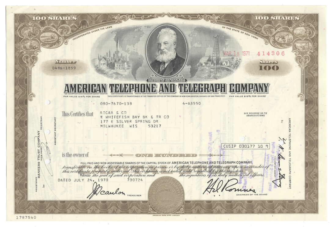 Vintage stock certificate of American Telephone and Telegraph Company with a portrait and detailed design from 1970
