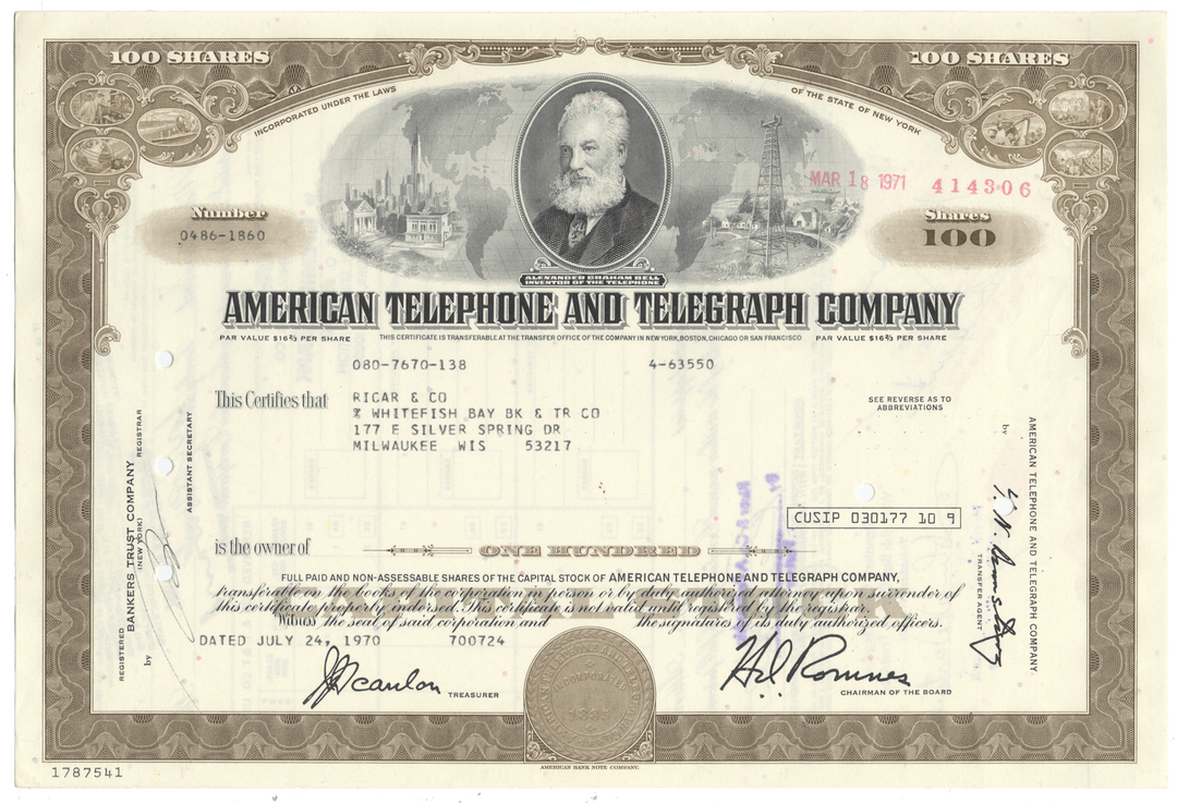 A vintage American Telephone and Telegraph Company stock certificate dated 1970