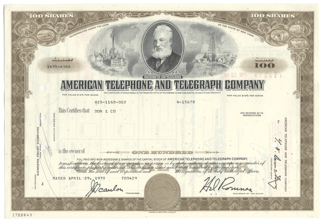 American Telephone & Telegraph Company Stock Certificate