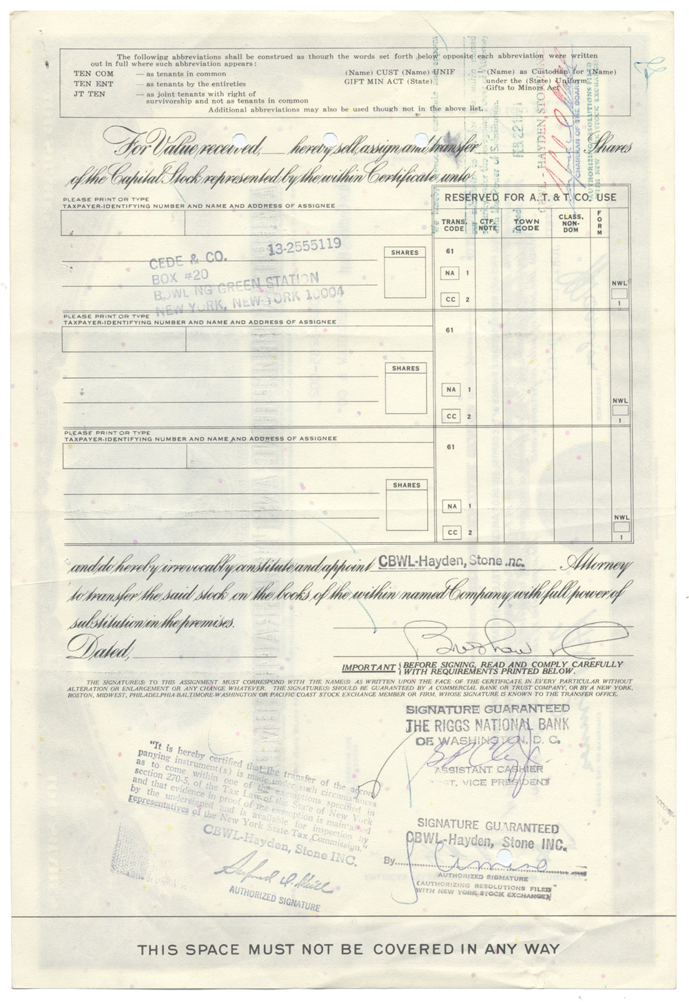 American Telephone & Telegraph Company Stock Certificate