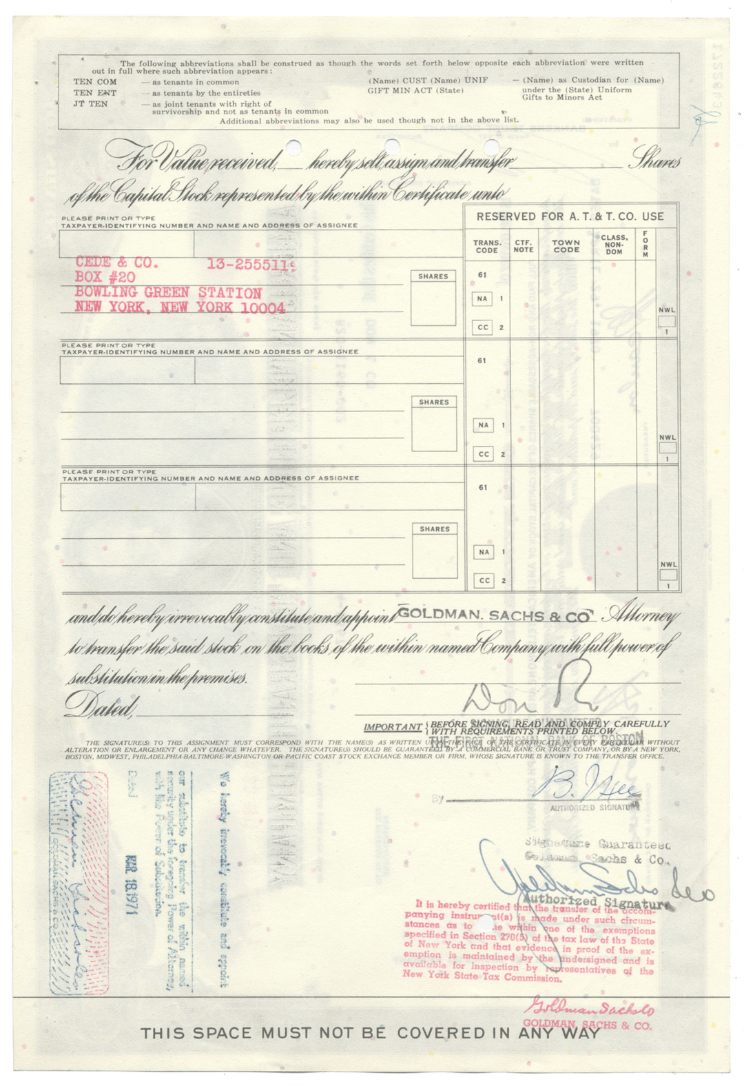 American Telephone & Telegraph Company Stock Certificate