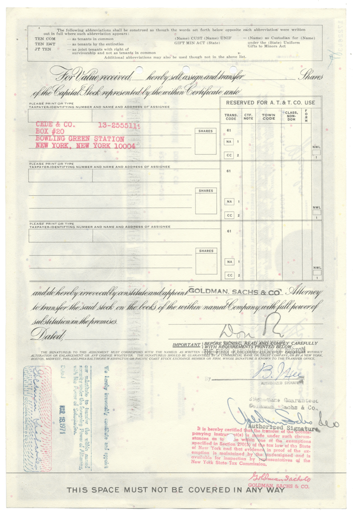 American Telephone & Telegraph Company Stock Certificate