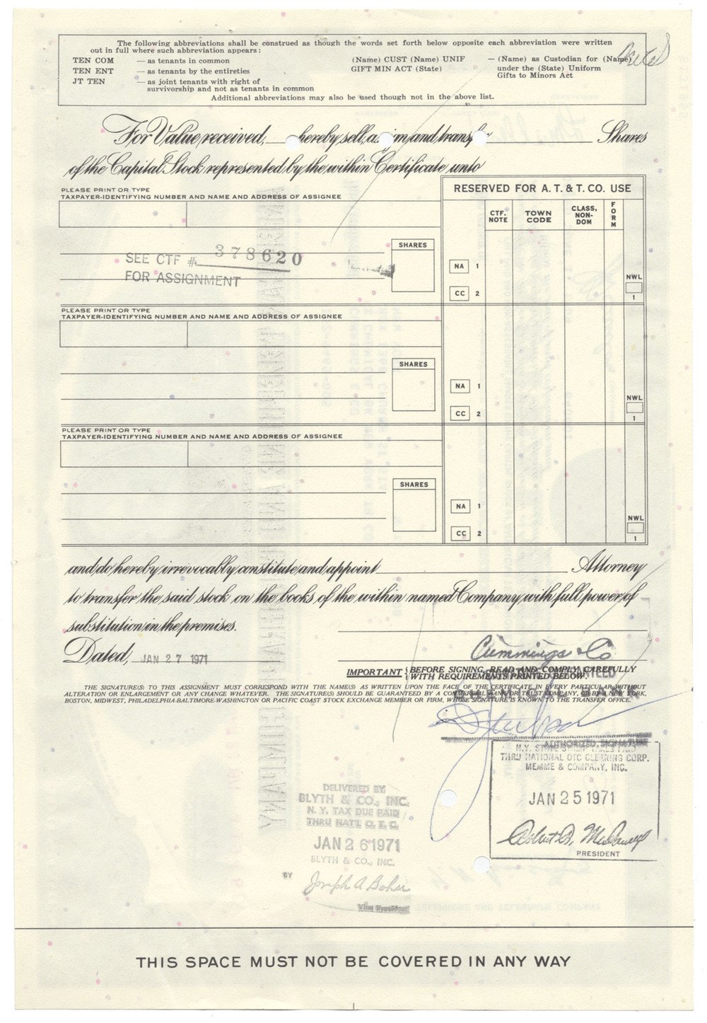 American Telephone & Telegraph Company Stock Certificate