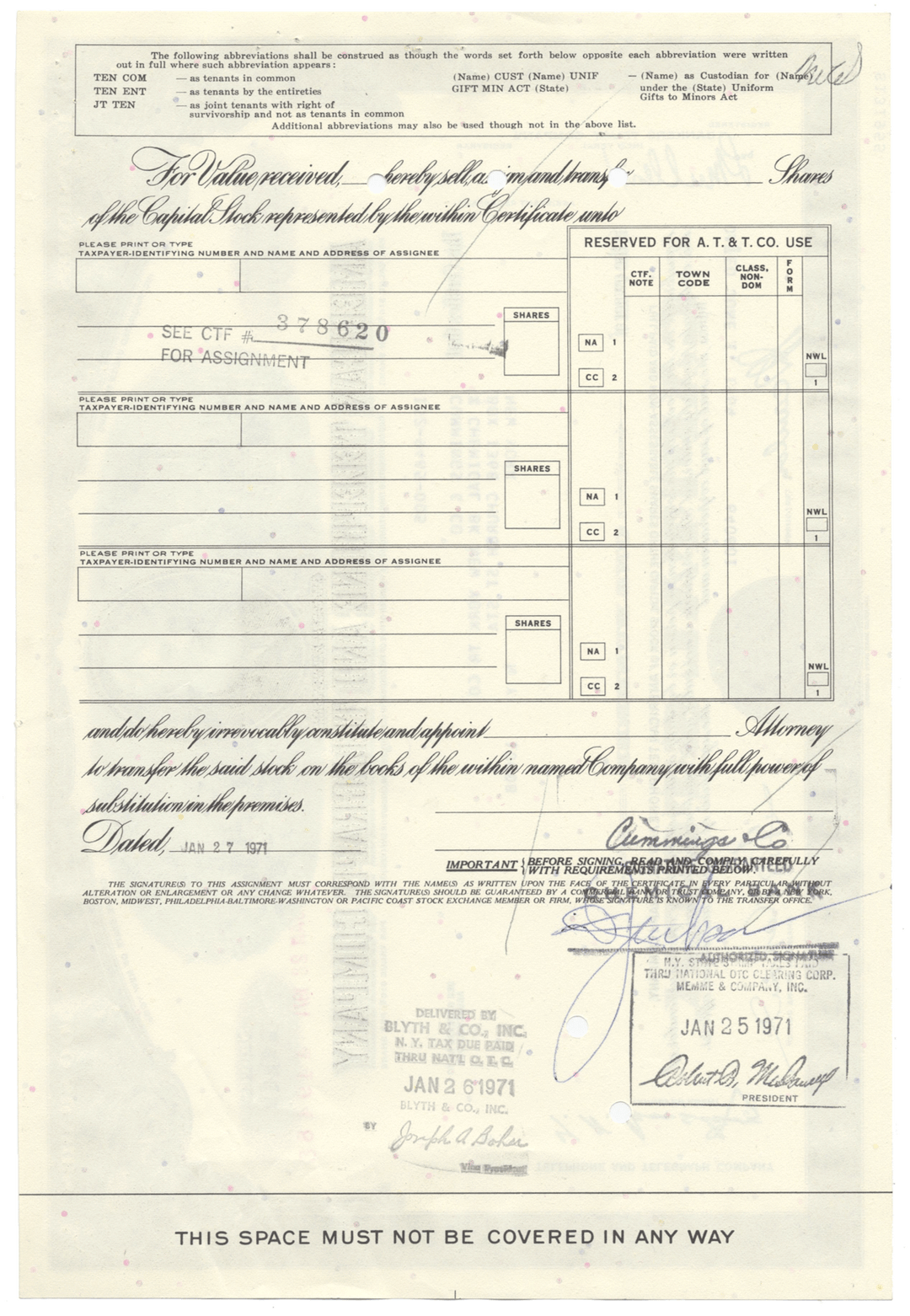 American Telephone & Telegraph Company Stock Certificate