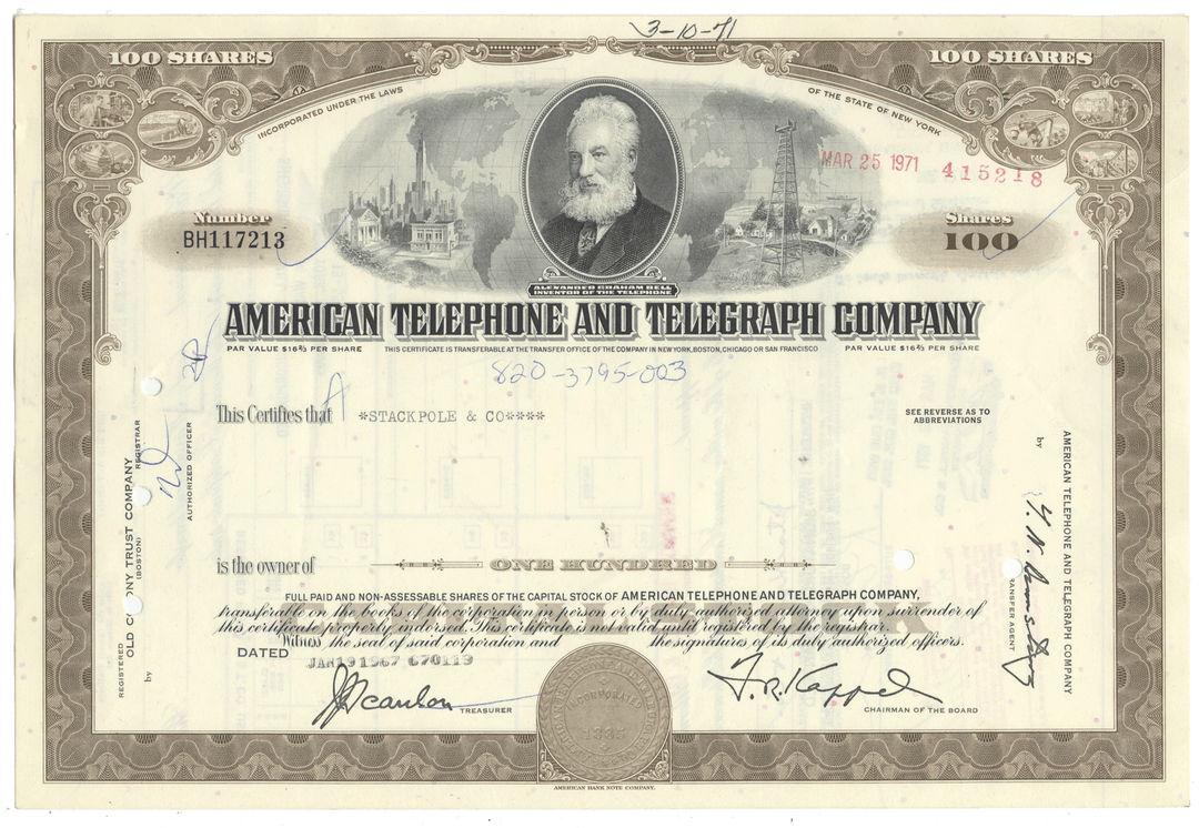 Vintage stock certificate of American Telephone and Telegraph Company with a portrait and text.