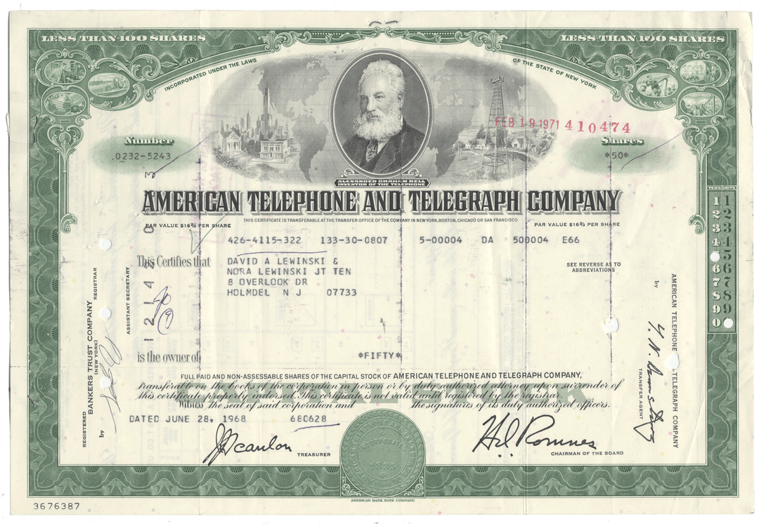 Vintage stock certificate of American Telephone and Telegraph Company with a portrait and decorative elements.