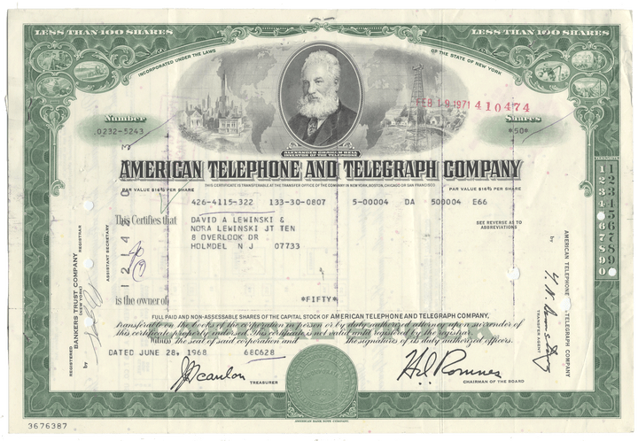 Vintage stock certificate of American Telephone and Telegraph Company with a portrait and decorative elements.