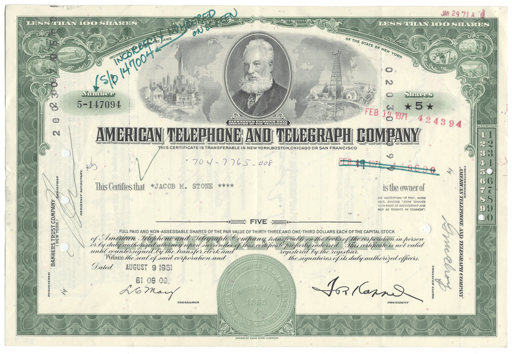 Vintage stock certificate of American Telephone and Telegraph Company with a portrait and text.