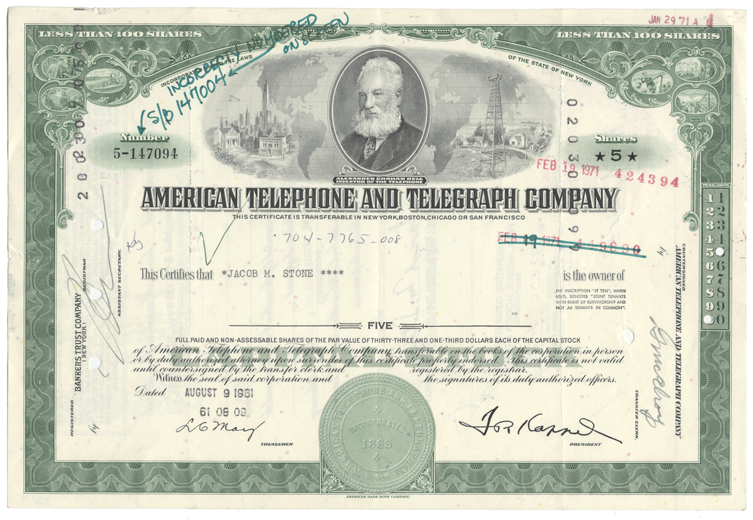 Vintage stock certificate of American Telephone and Telegraph Company with a portrait and text.