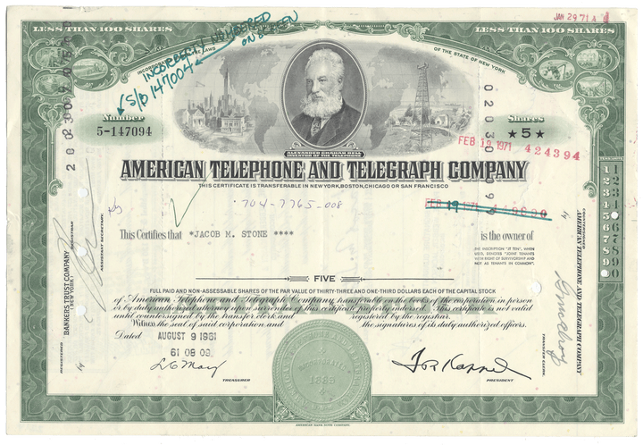 Vintage stock certificate of American Telephone and Telegraph Company with a portrait and text.