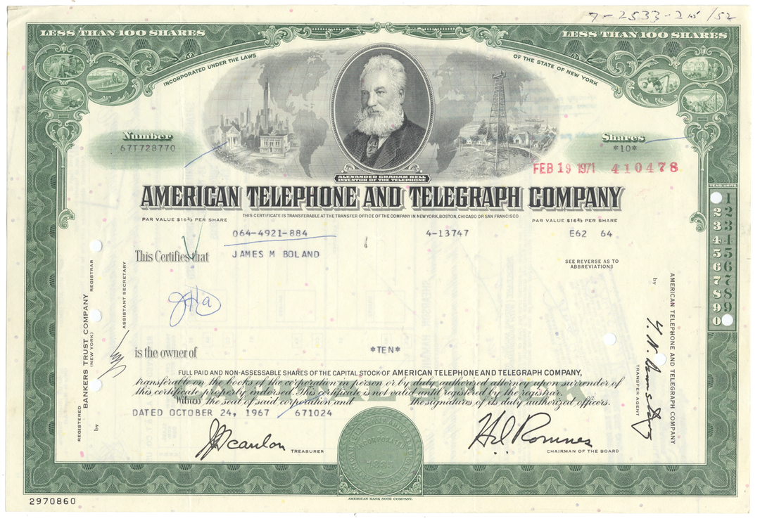 American Telephone & Telegraph Company Stock Certificate