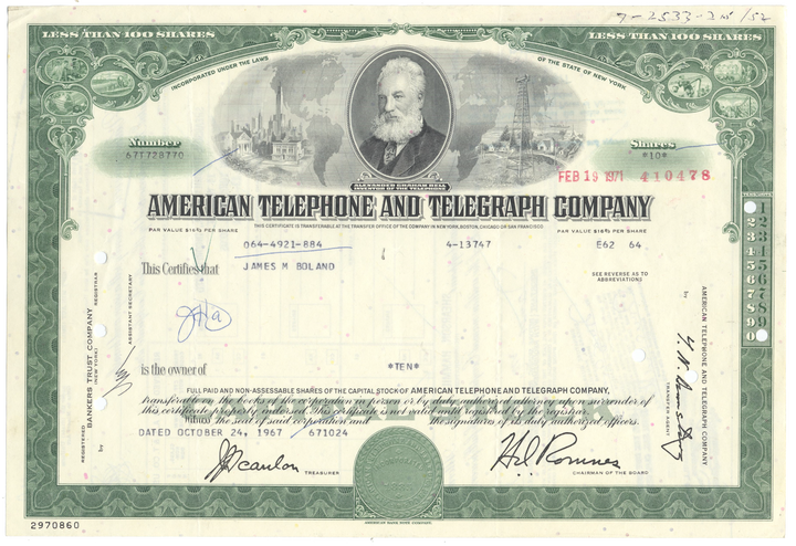 American Telephone & Telegraph Company Stock Certificate