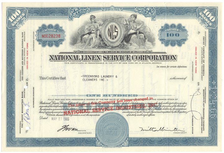 National Linen Service Corporation Stock Certificate