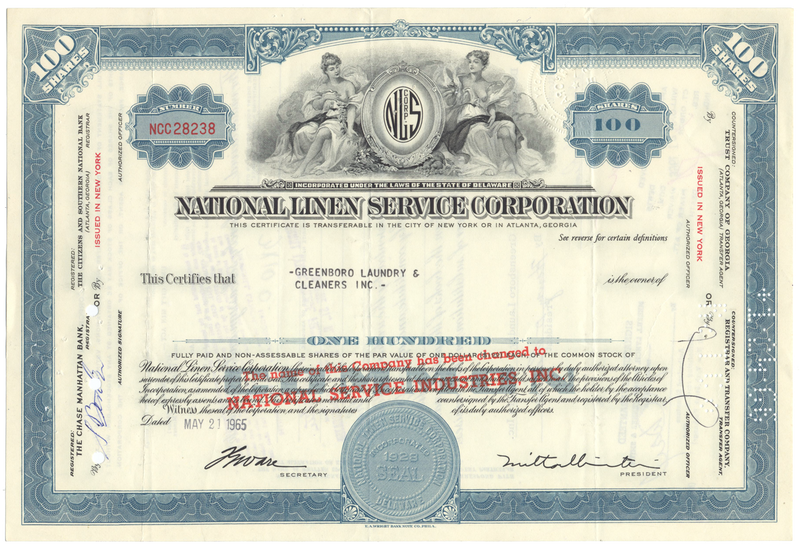 National Linen Service Corporation Stock Certificate