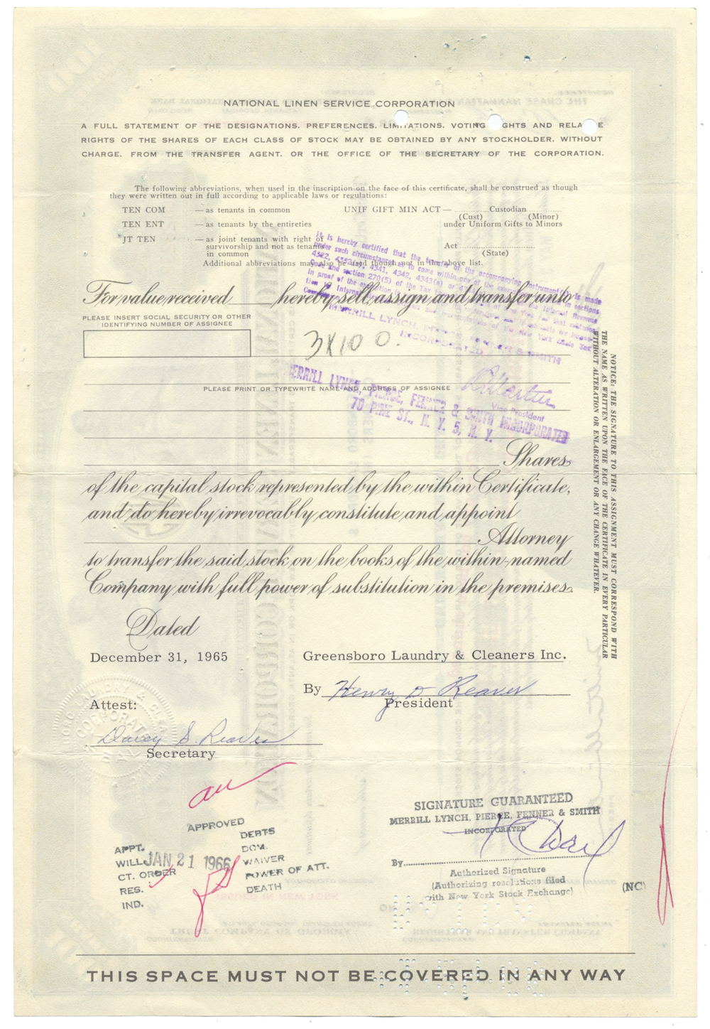 National Linen Service Corporation Stock Certificate