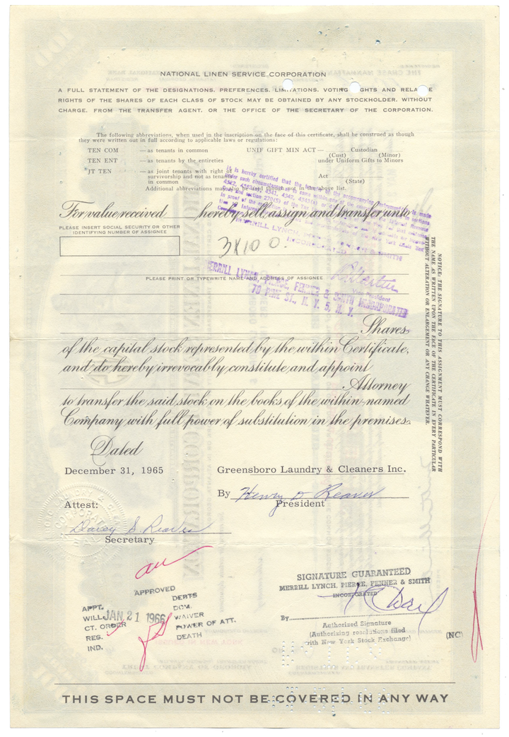 National Linen Service Corporation Stock Certificate