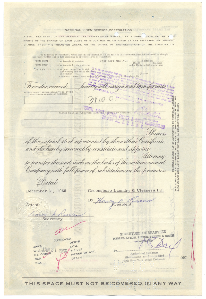 National Linen Service Corporation Stock Certificate