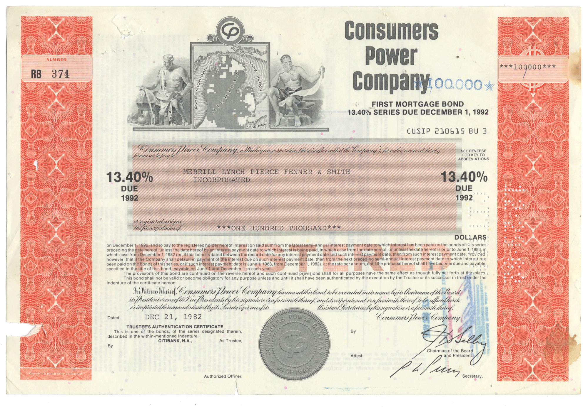 Consumers Power Company bond certificate from 1982