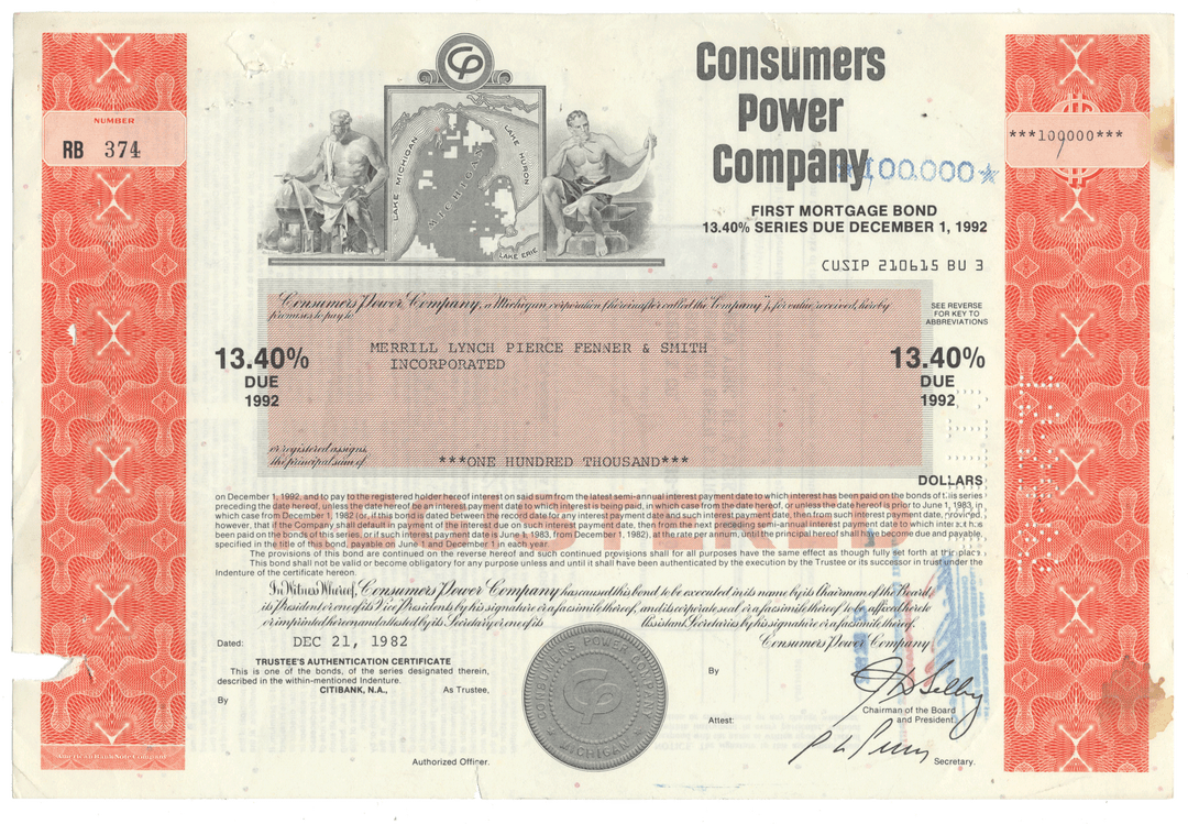 Consumers Power Company bond certificate from 1982