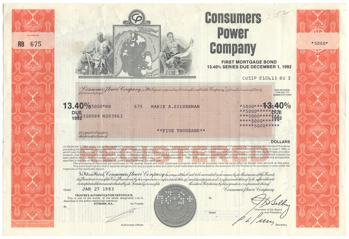 Consumers Power Company Bond Certificate