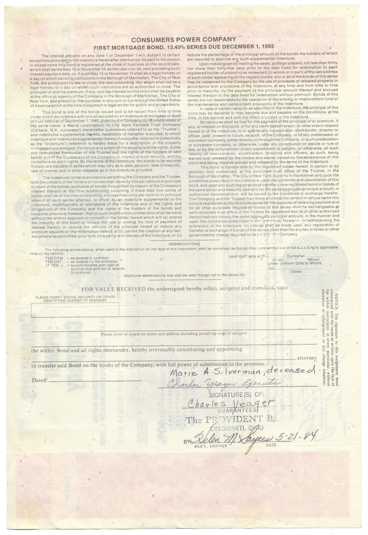 Consumers Power Company Bond Certificate