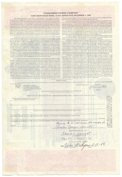 Consumers Power Company Bond Certificate