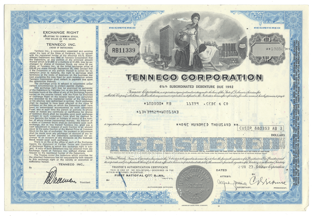 Vintage Tenneco Corporation bond certificate with detailed text and graphics from 1976