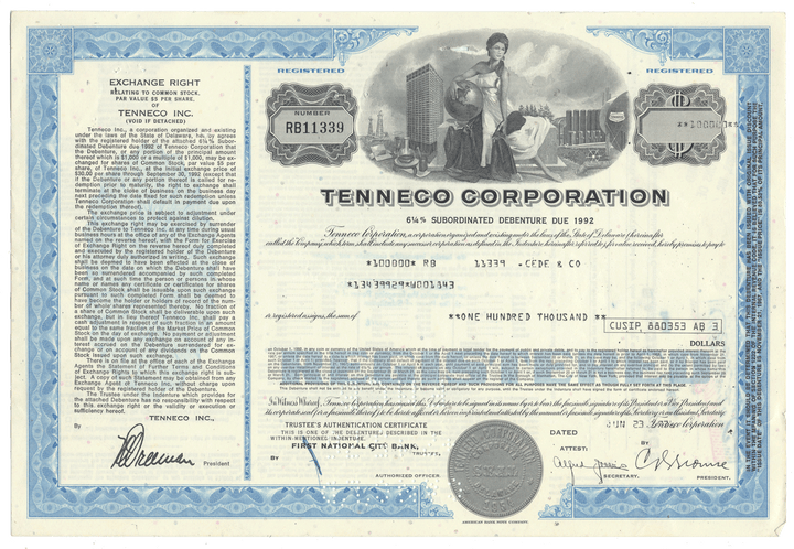 Vintage Tenneco Corporation bond certificate with detailed text and graphics from 1976