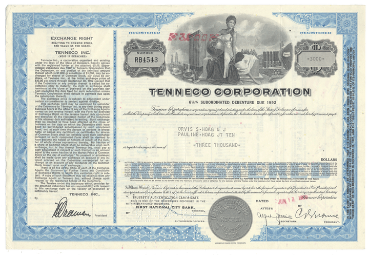Vintage bond certificate of Tenneco Corporation with detailed text and decorative elements from 1968